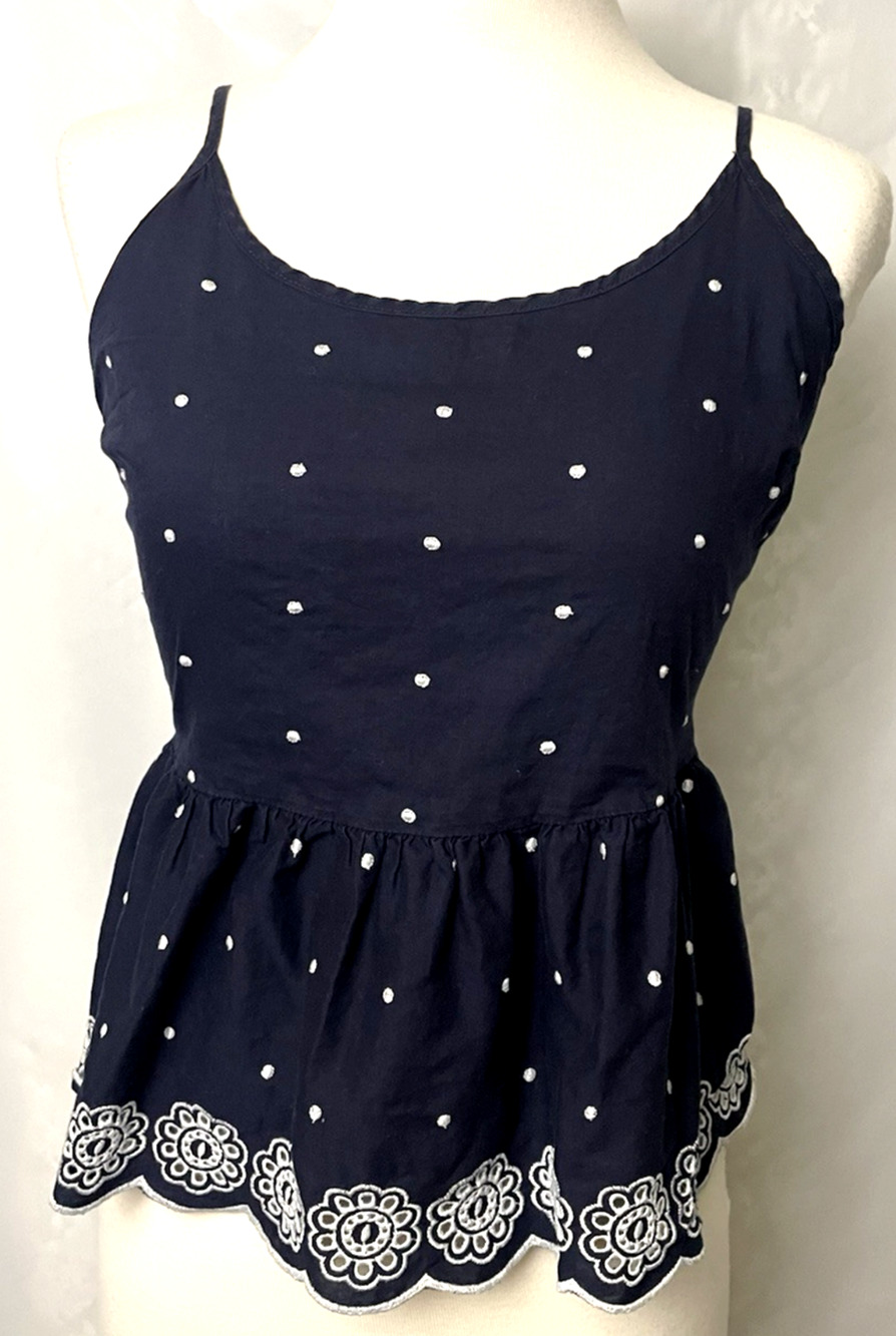 Arizona Women's Blue Top Babydoll Adjustable Spaghetti Y2K Embroidered Jr Sz M